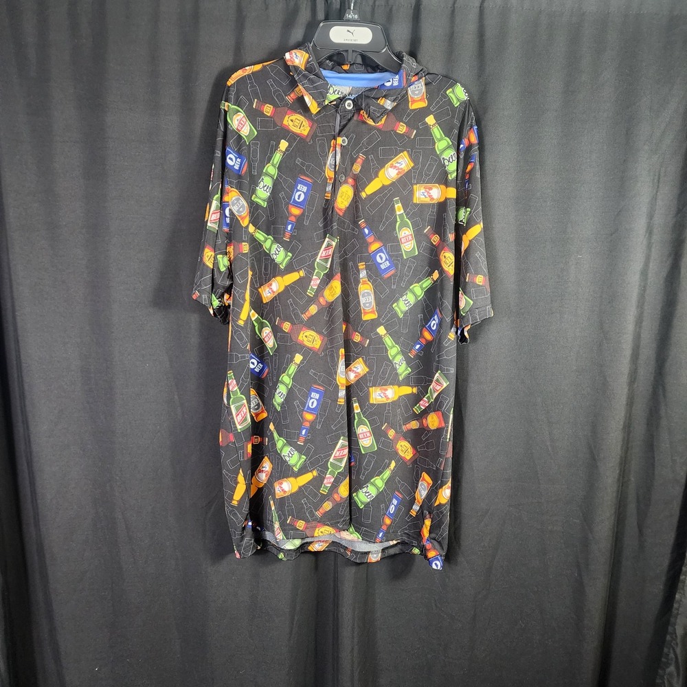 Hawke‎ & Co Performance Golf Polo Shirt Mens XL Black Beer Bottle Novelty Print
